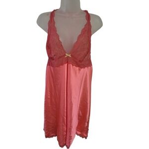 Victoria's Secret Pink‎ Coral Satin Lace Chemise Babydoll Nightgown Slip Size M